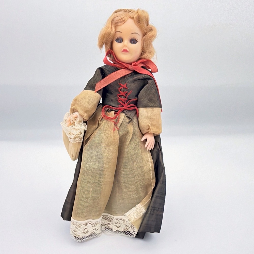 VTG 1970s 8" Plastic Doll Peasant Dress Painted Face Purple Eyeshadow